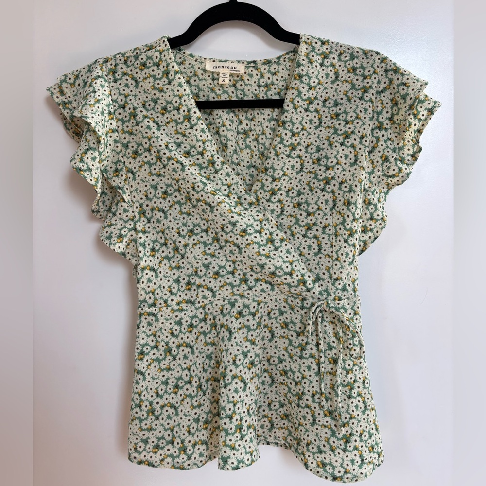 Monteau Green Floral Wrap Blouse